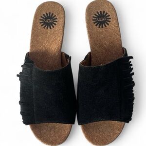 Ugg Women’s Black Suede Fringe Sandals Espadrille Jute Wedge Never Worn Sz 6